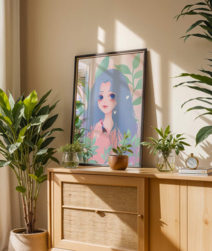Illustration of a blue-haired girl surrounded by greenery