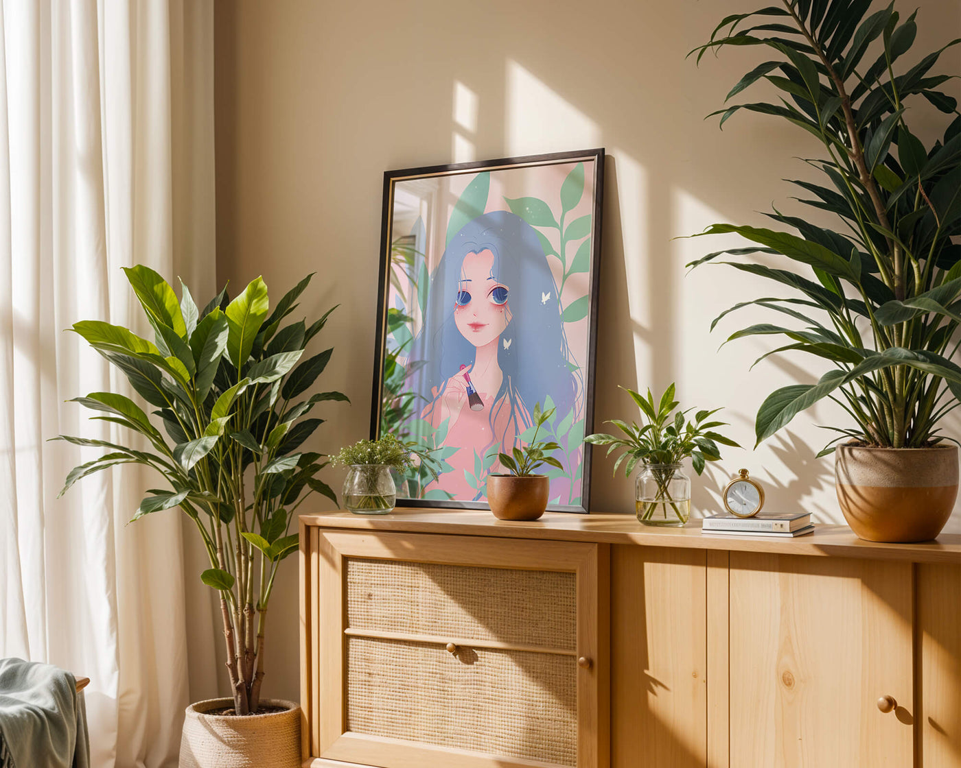 Illustration of a blue-haired girl surrounded by greenery