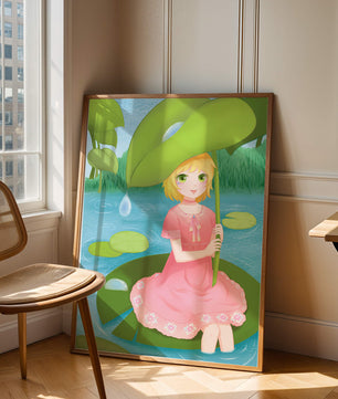 Whimsical Illustration of a Young Girl in a Pink Dress Sitting on a Lily Pad