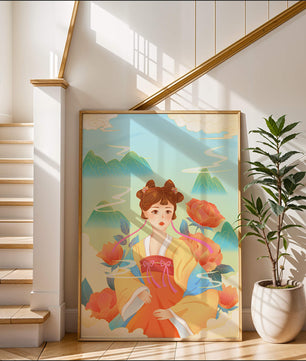 Traditional Asian Art with Woman in Hanfu Surrounded by Mountains and Peonies