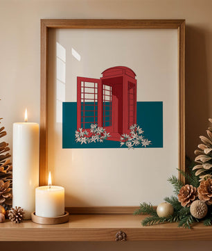 A Pink Phone Booth Surrounded by Flowers on a Teal Background