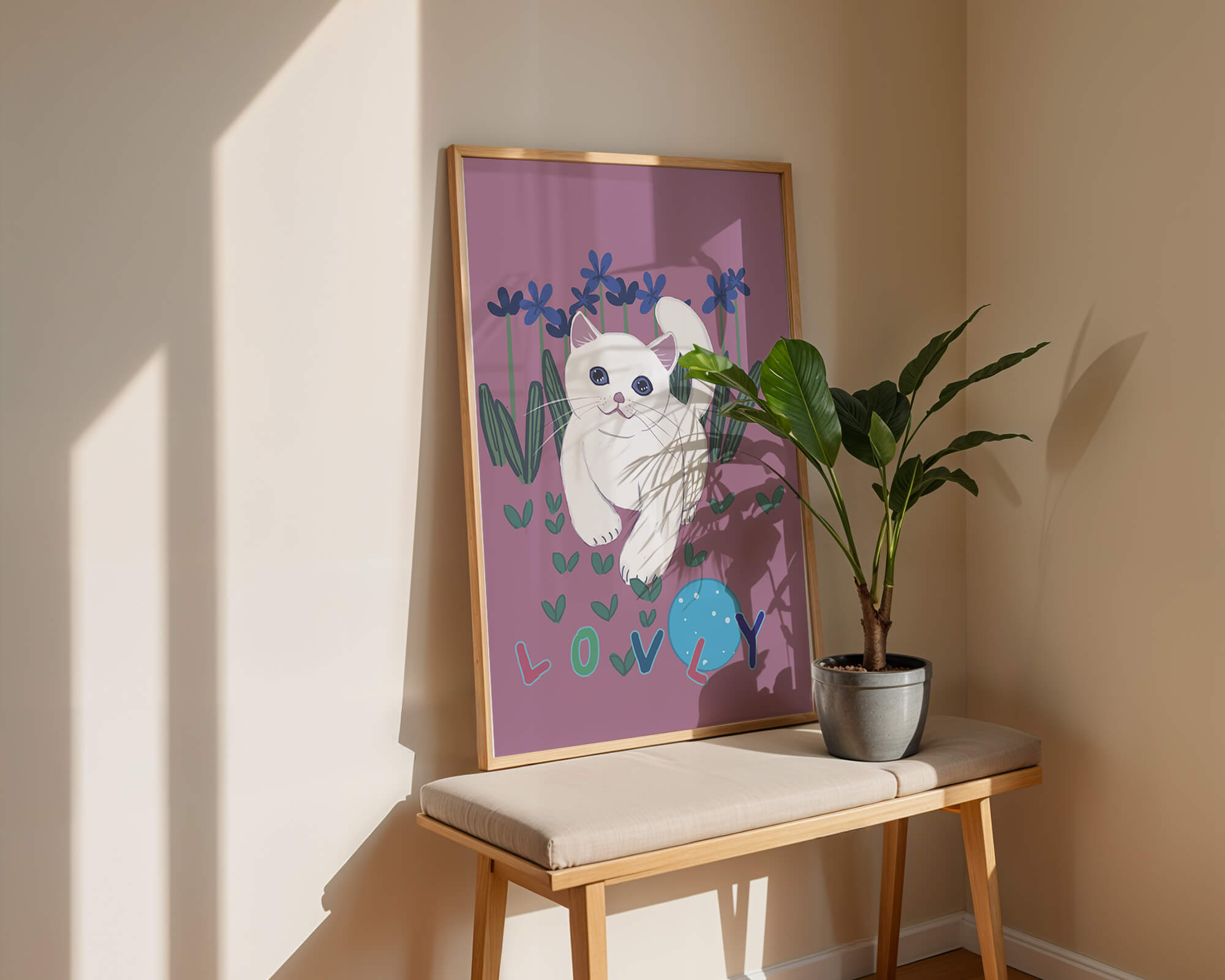 Charming illustration of a white cat in a floral field with playful text