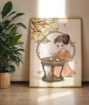 Charmante illustration d'une fille en tenue traditionnelle avec des feuilles de ginkgo