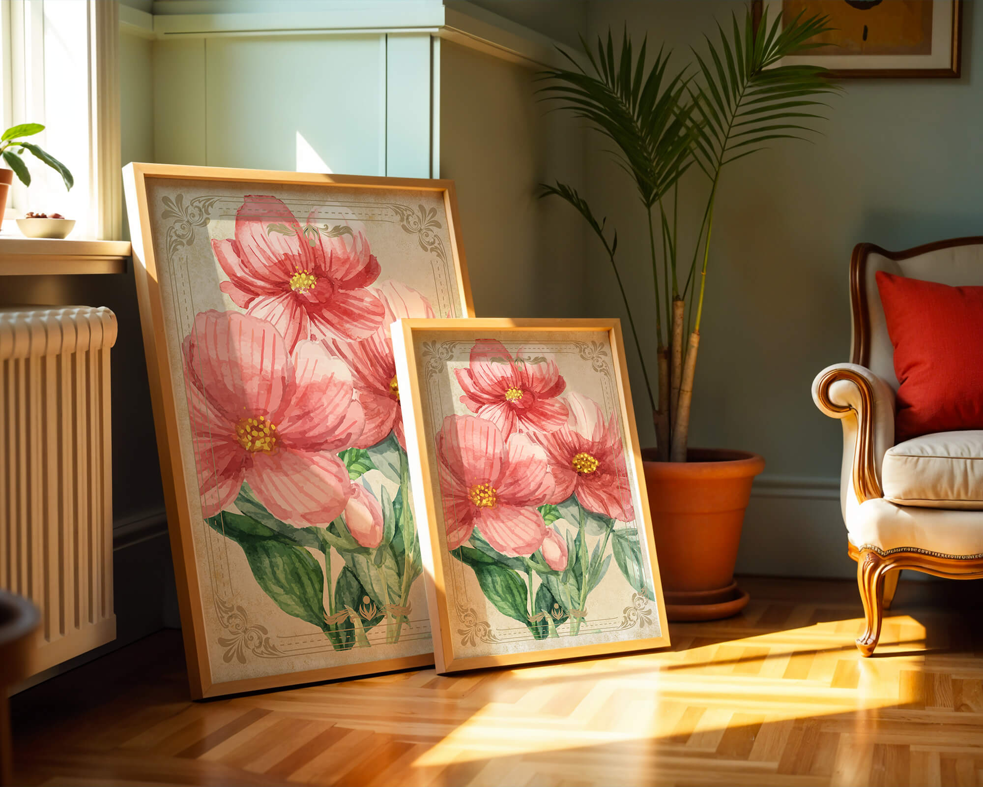 Watercolor floral illustration with pink blooms and green foliage