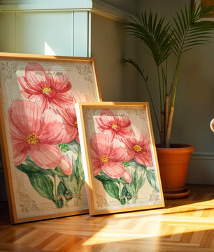 Watercolor floral illustration with pink blooms and green foliage