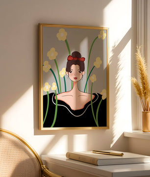 Ilustración de una mujer con fondo floral y lazo rojo