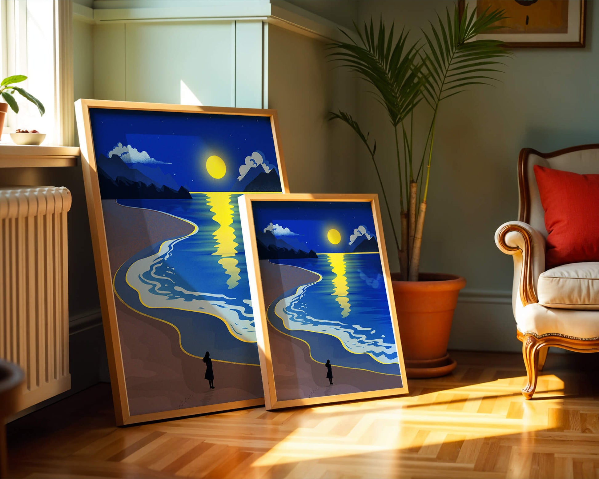 Moonlit Beach with Mountains and Reflections Under Night Sky