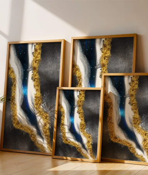 Abstract flowing design with gold, blue, and white textures