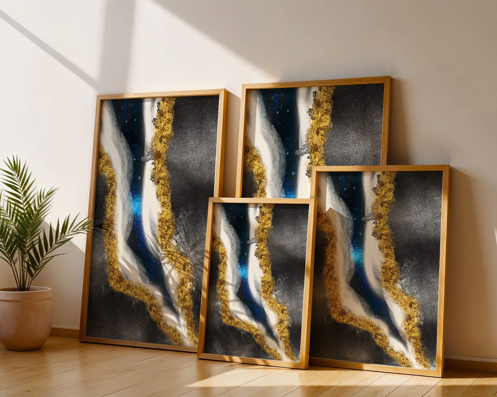 Abstract flowing design with gold, blue, and white textures