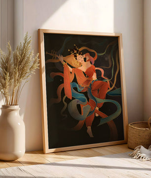 Elegant depiction of a goddess playing a lute with flowing ribbons