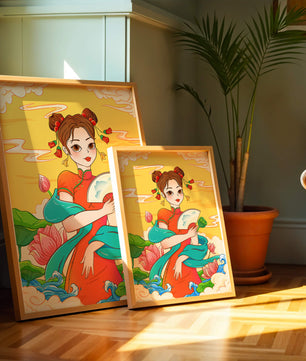 Ilustración oriental que presenta a una chica con atuendo tradicional, un abanico y flores de loto