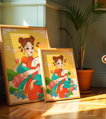 Oriental illustration featuring a girl in traditional attire with a fan and lotus flowers