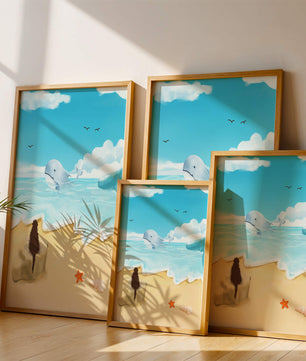 Meeresblick mit Wal und Elemente am Strand