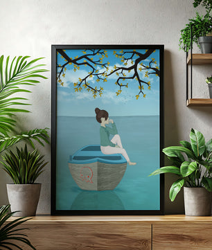 Chica relajándose en un bote bajo un árbol junto al agua