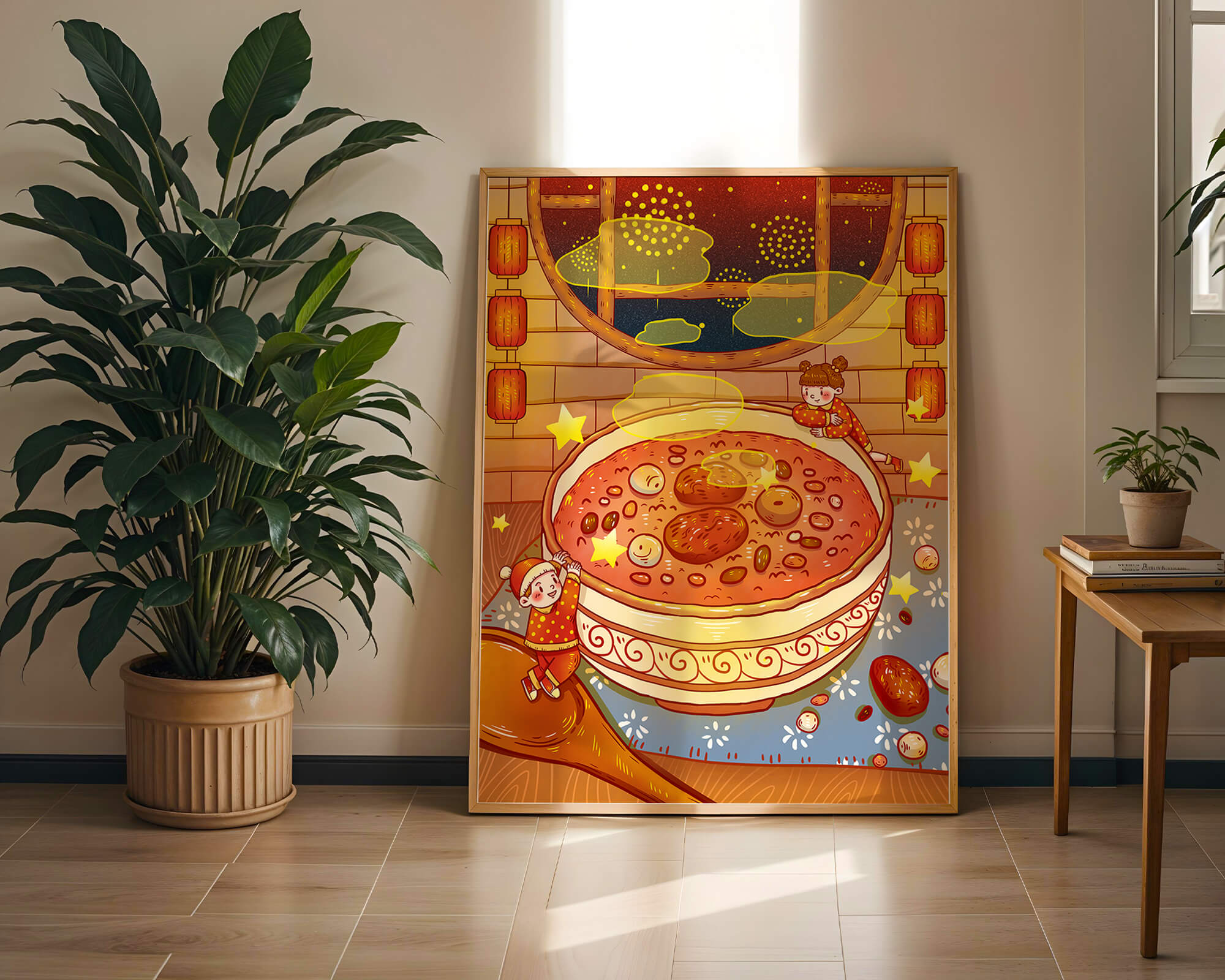Cozy festive scene with children, a large bowl of soup, and lanterns