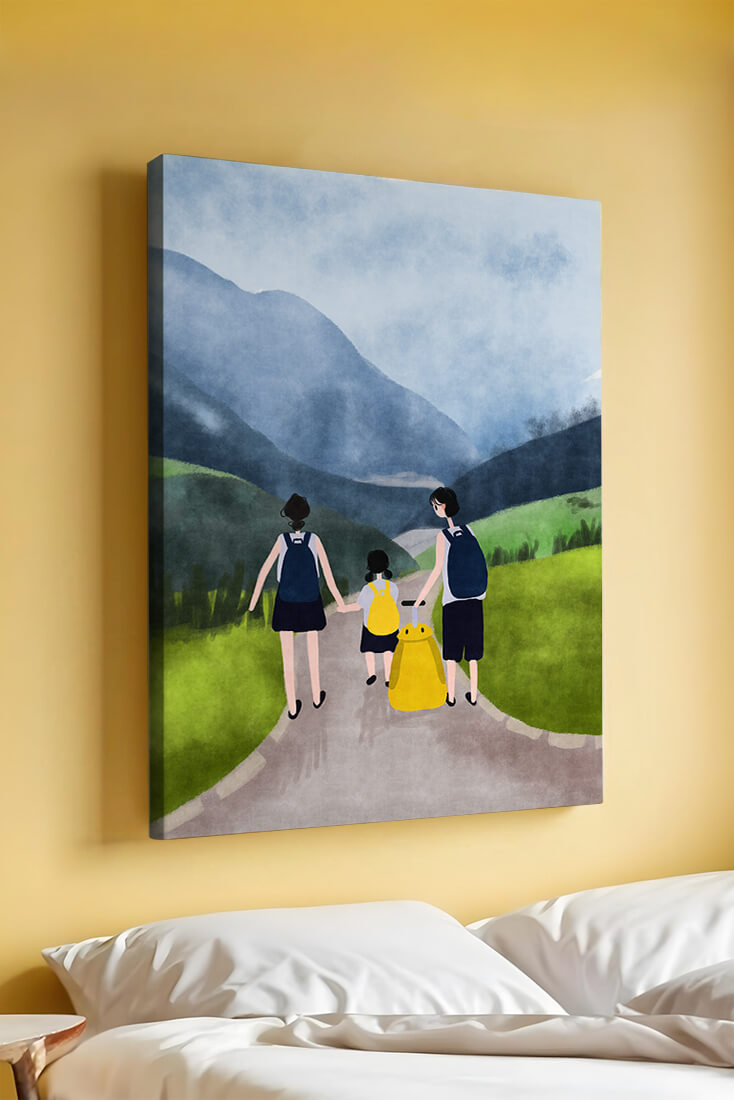 Family hiking in scenic mountain landscape with backpacks