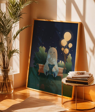 Ilustración nocturna acogedora con una criatura leyendo bajo un cielo estrellado