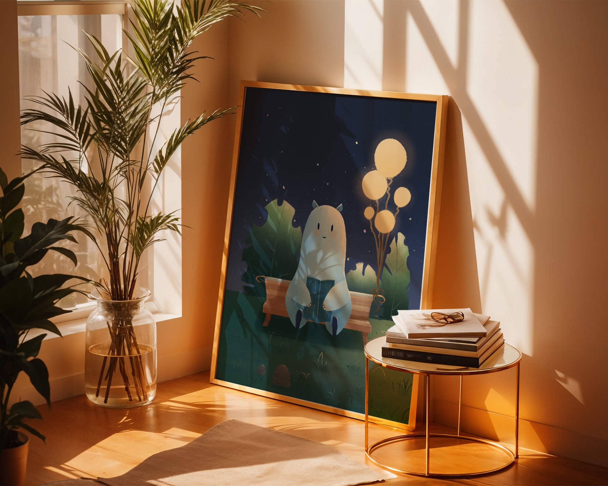 Cozy nighttime illustration with a creature reading under starry sky