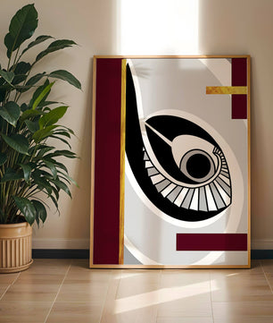 Arte geométrico abstracto con motivo de ojo y detalles dorados