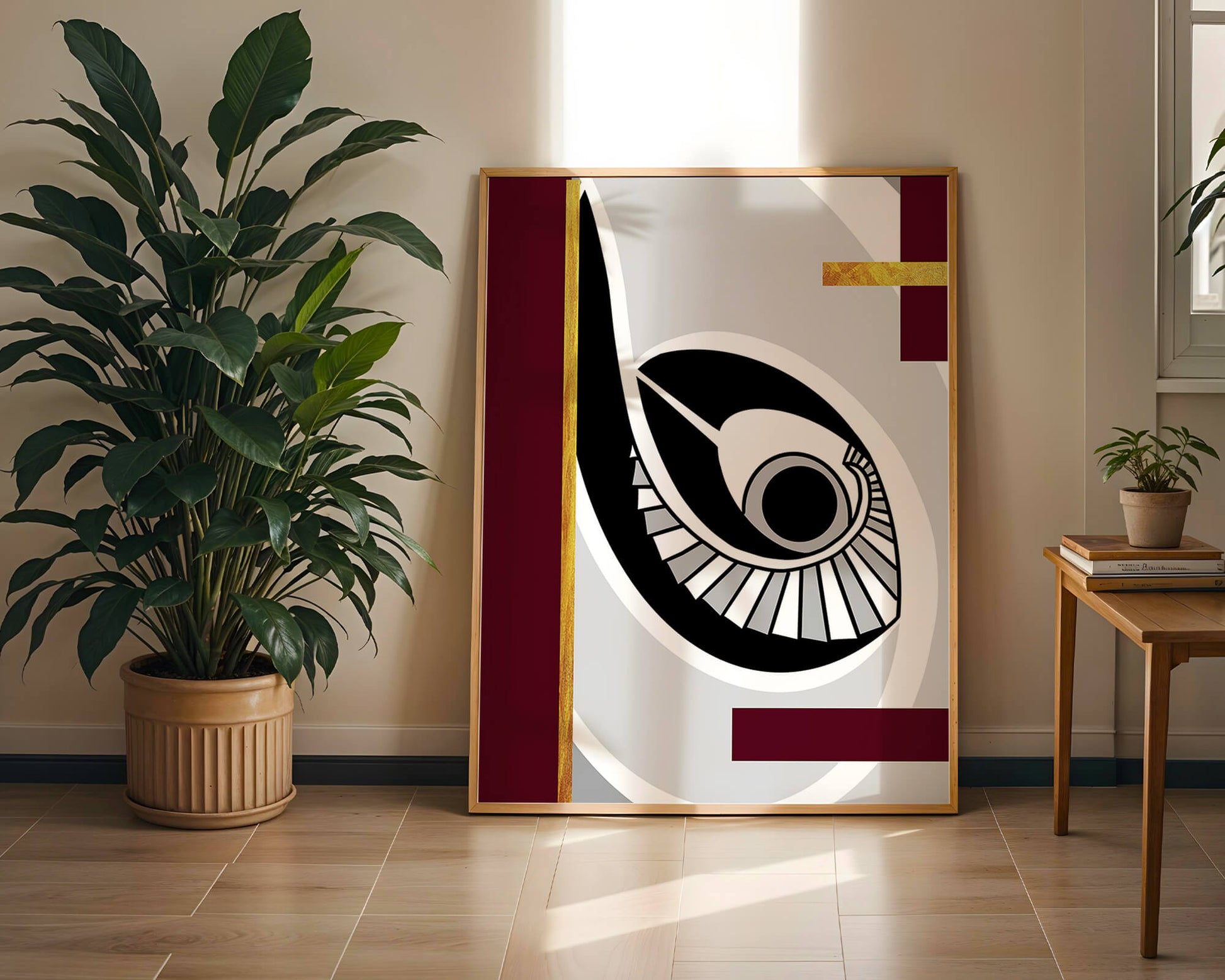 Arte geométrico abstracto con motivo de ojo y detalles dorados