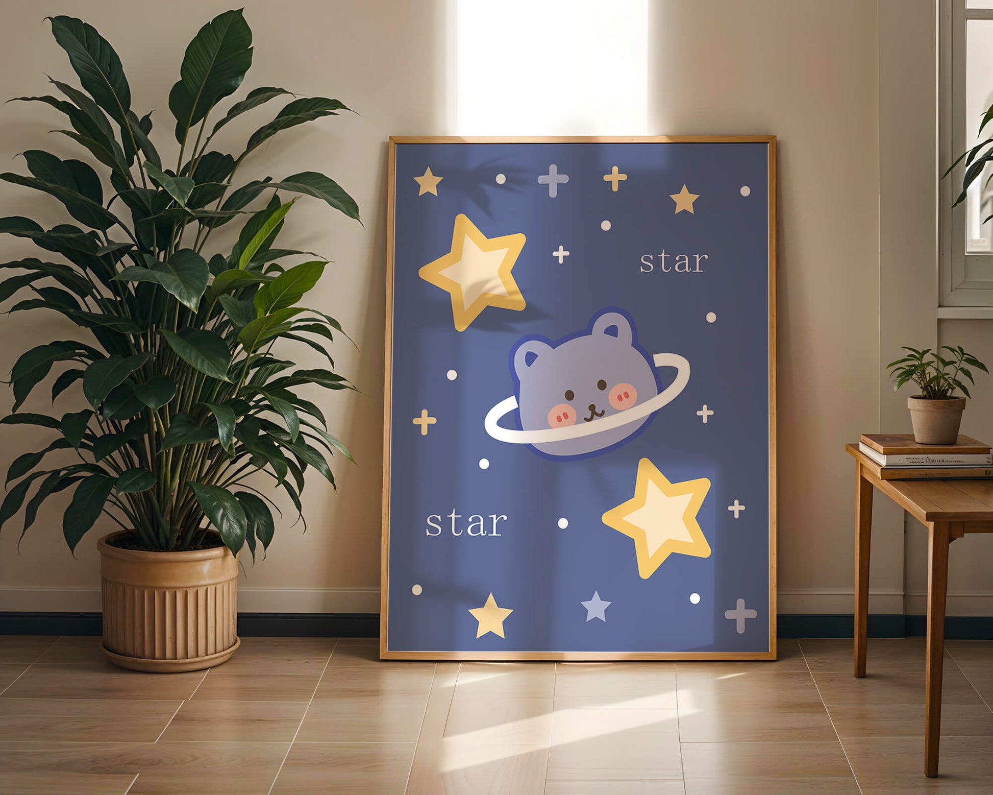 Adorable cartoon bear with stars on a blue background
