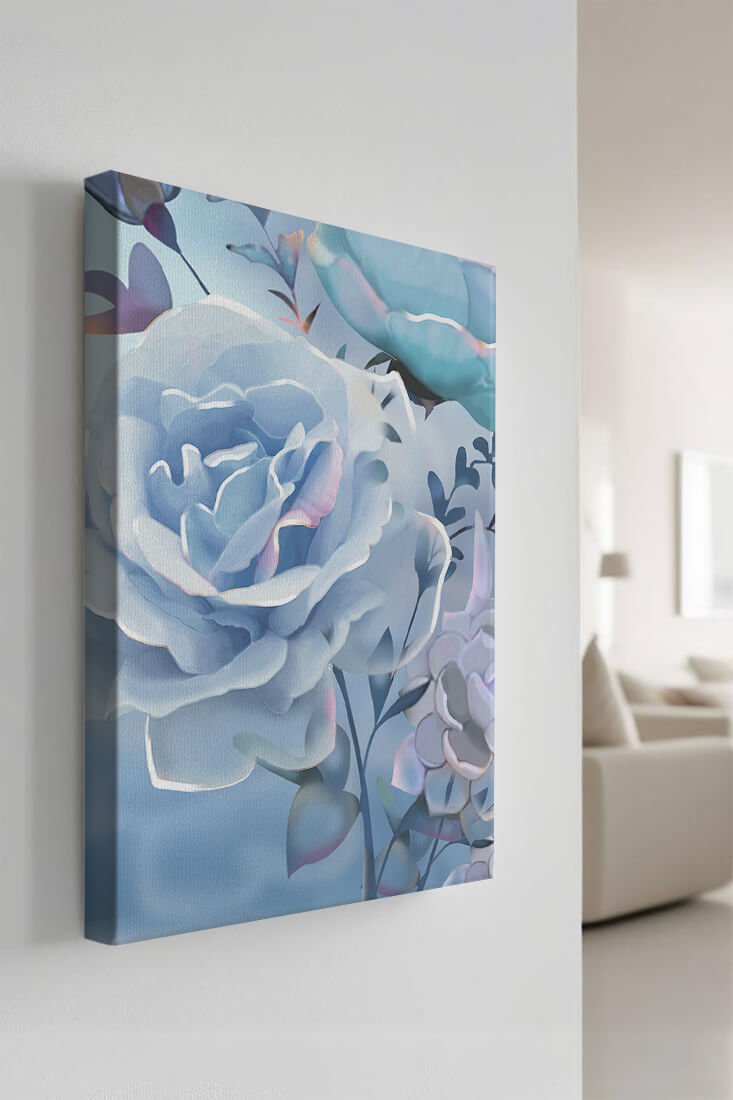 Rosas azules serenas con hojas delicadas sobre fondo suave