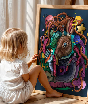 Ilustración abstracta colorida de un conejo en el espacio con pulpo, planetas y zanahoria