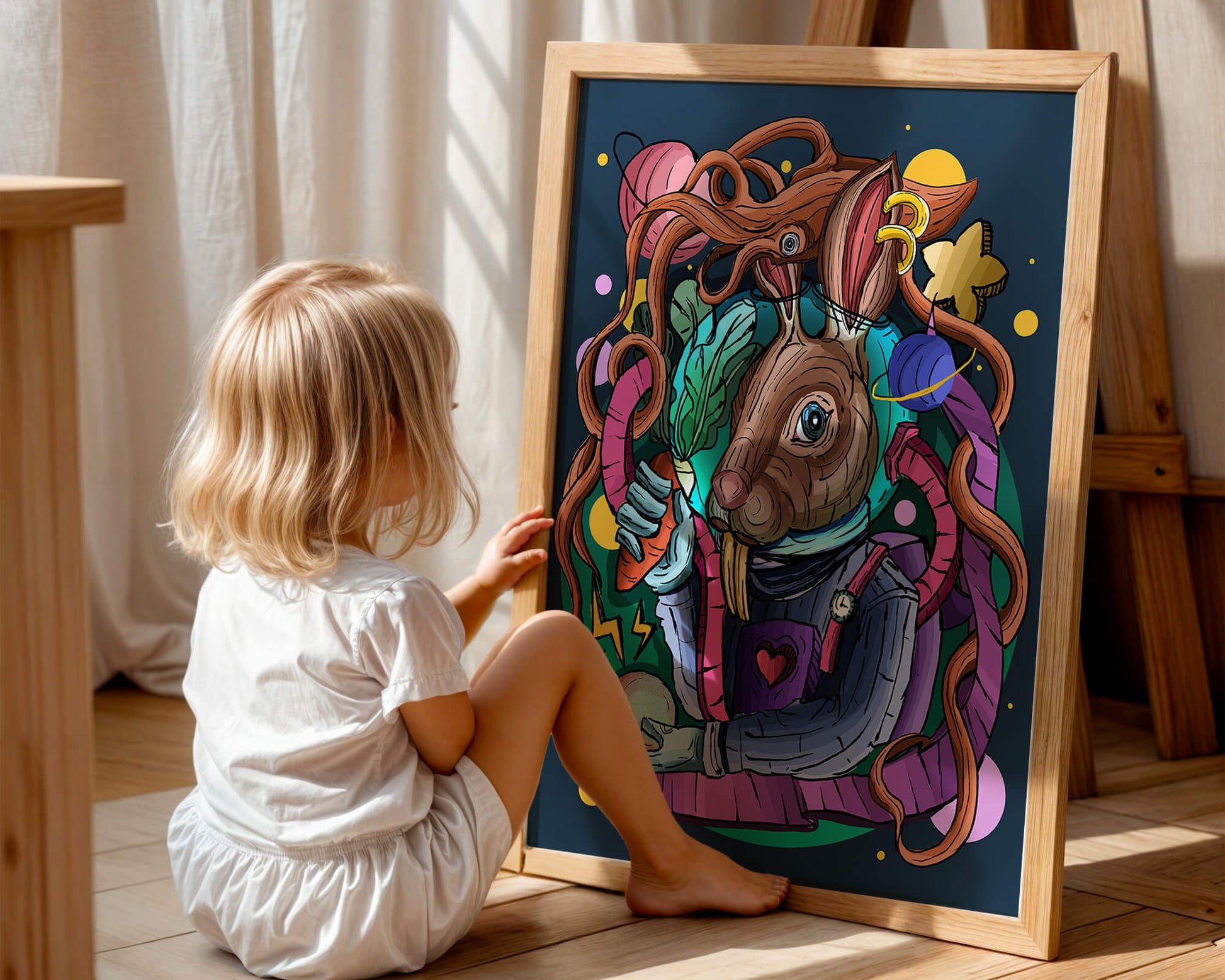 Ilustración abstracta colorida de un conejo en el espacio con pulpo, planetas y zanahoria.