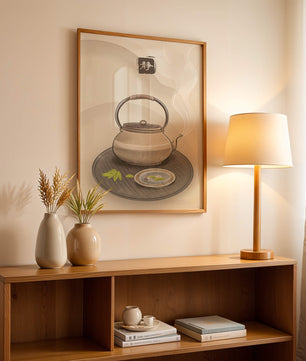 Traditional Japanese teapot with steaming tea and serene setting