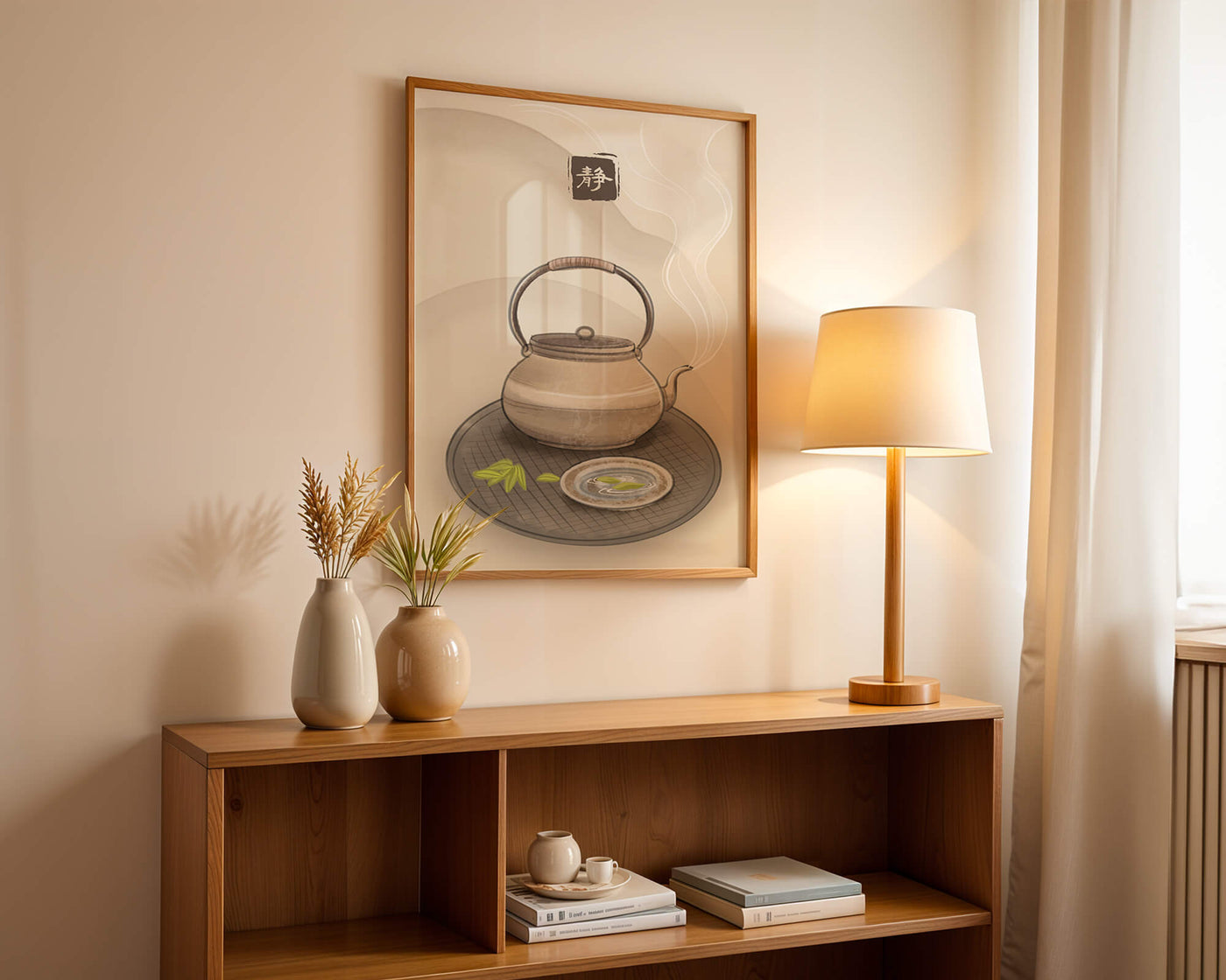 Traditional Japanese teapot with steaming tea and serene setting