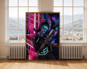 Futuristic Cyborg Woman in Digital Neon Landscape - Mi tienda
