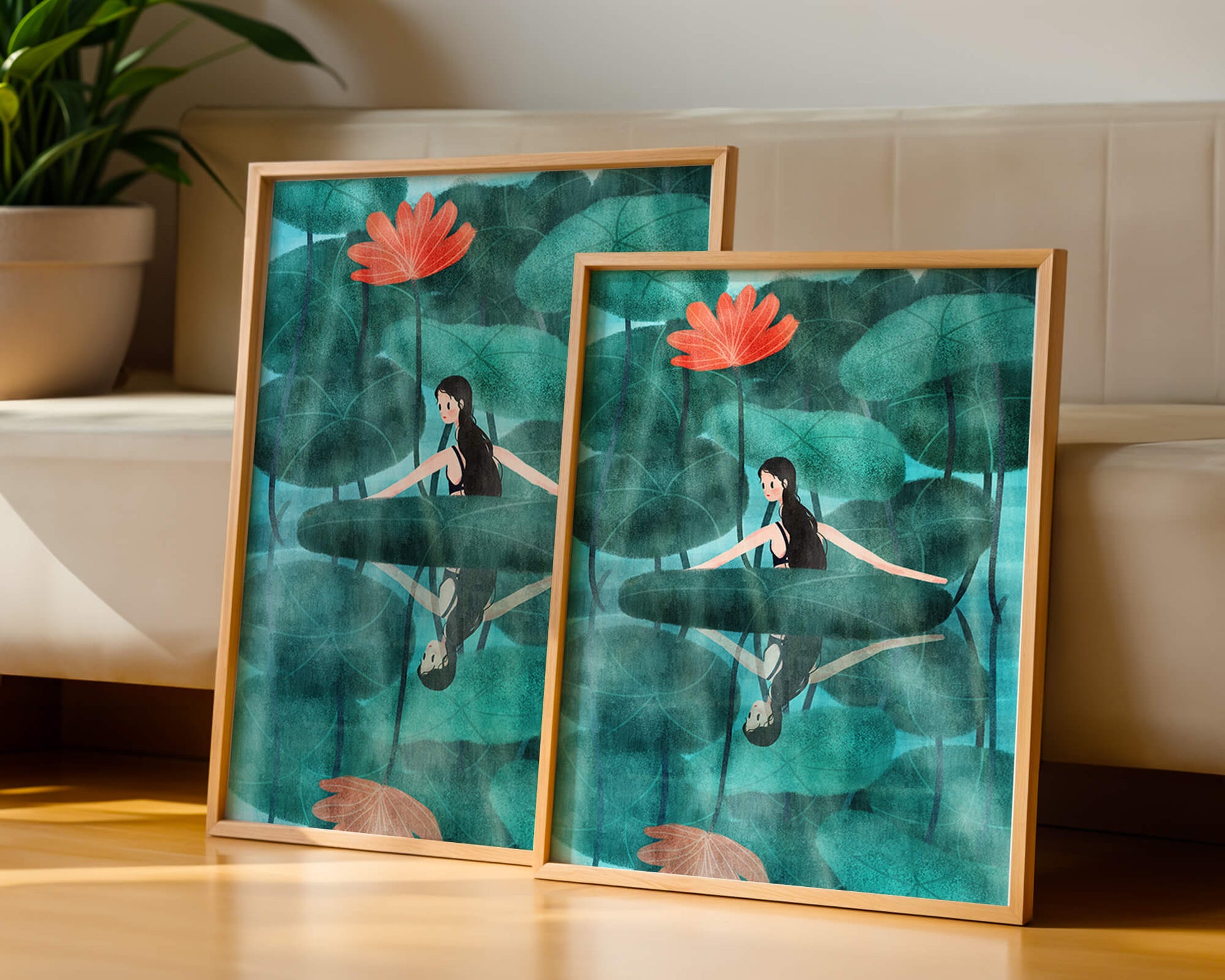 Woman Reflecting among Lotus Leaves and Flowers with a Mirror Image