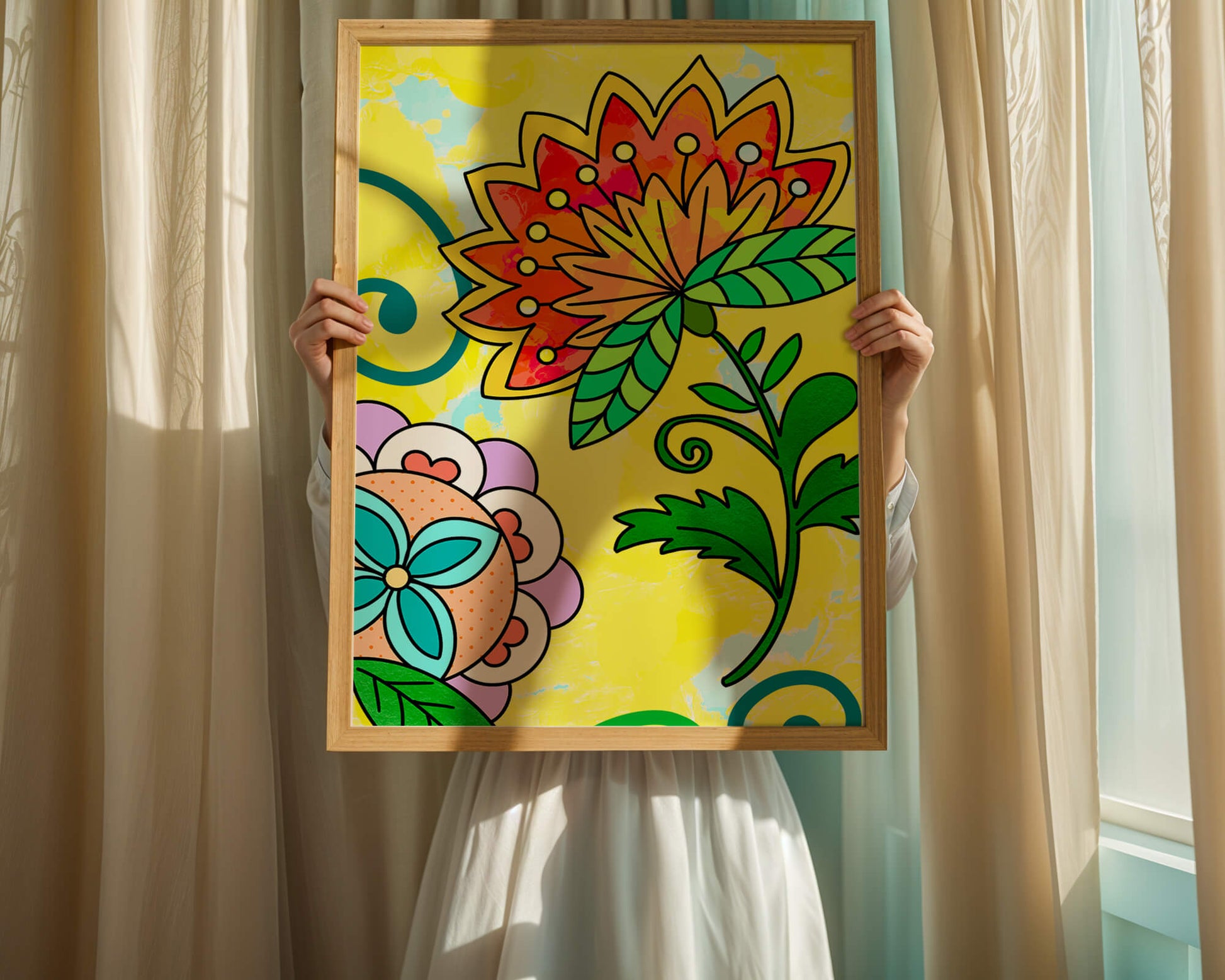 Colorful abstract floral illustration with bright yellow background