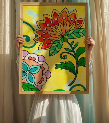 Colorful abstract floral illustration with bright yellow background