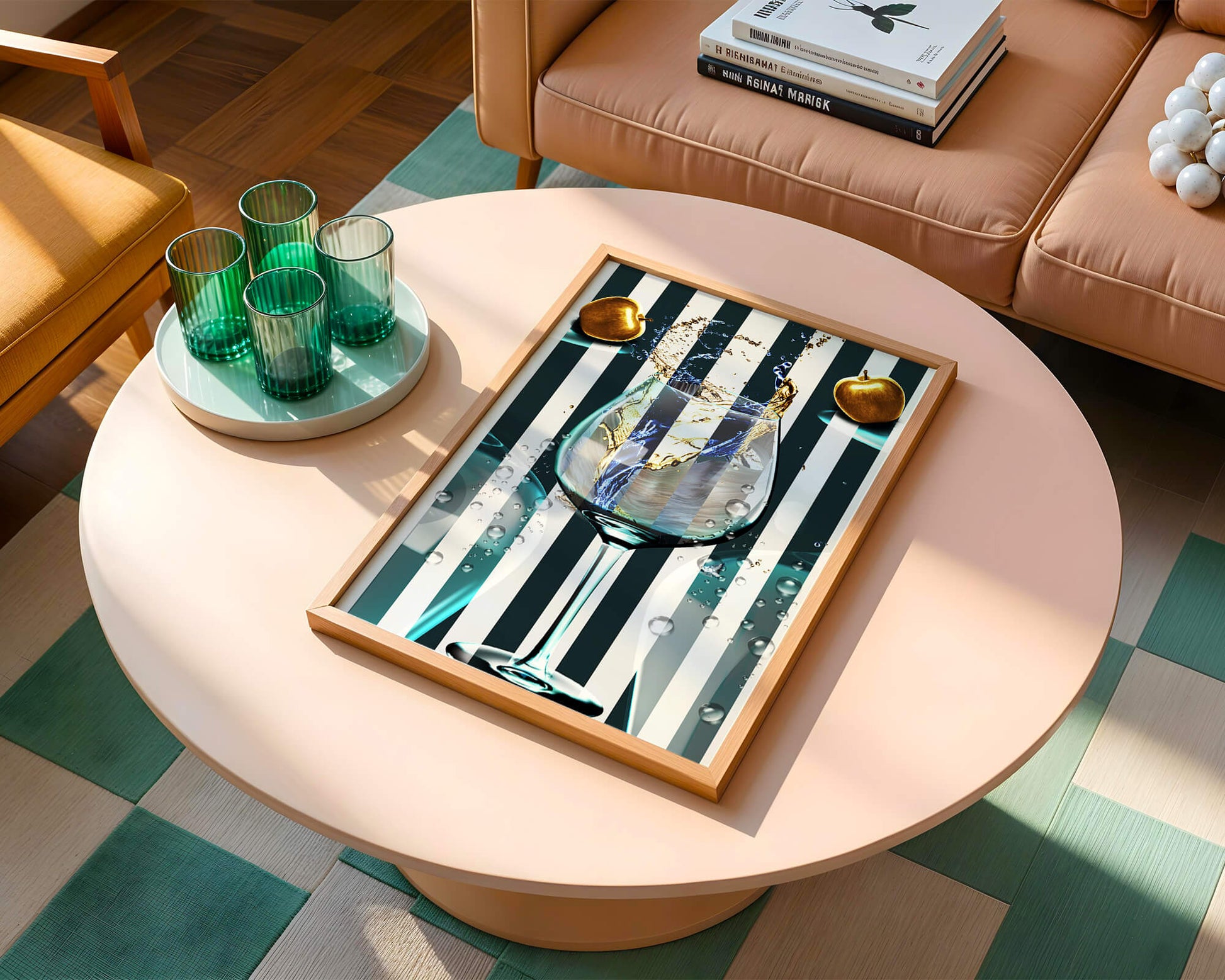 Elegant Glass of Champagne with Golden Apples and Striped Background