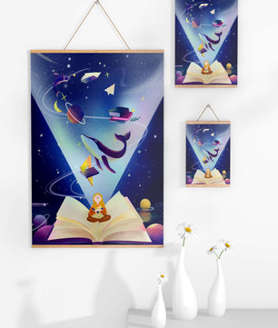 Imaginative galaxy scene with books and a child