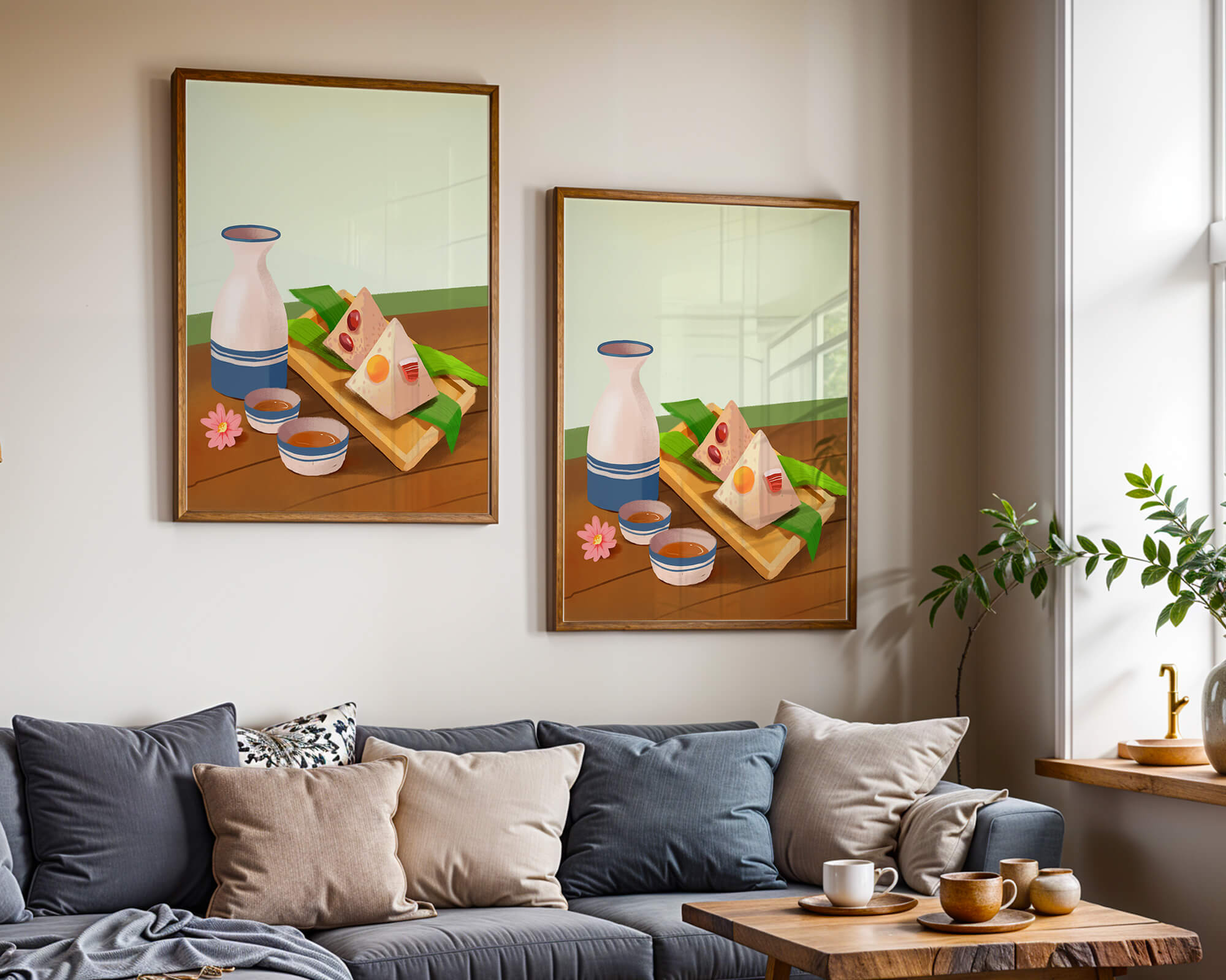 Traditional Asian rice dumplings with tea set on bamboo tray