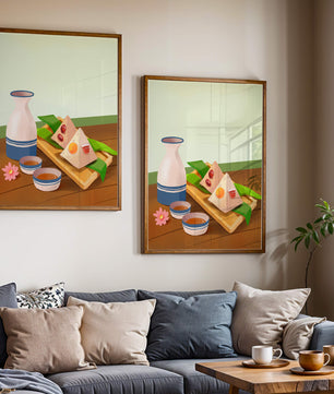 Traditional Asian rice dumplings with tea set on bamboo tray