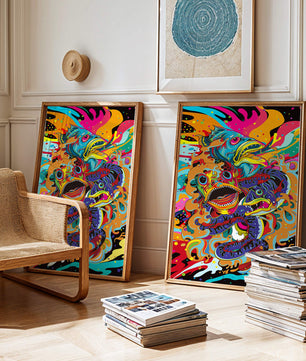 Arte abstracto de peces coloridos con elementos vibrantes
