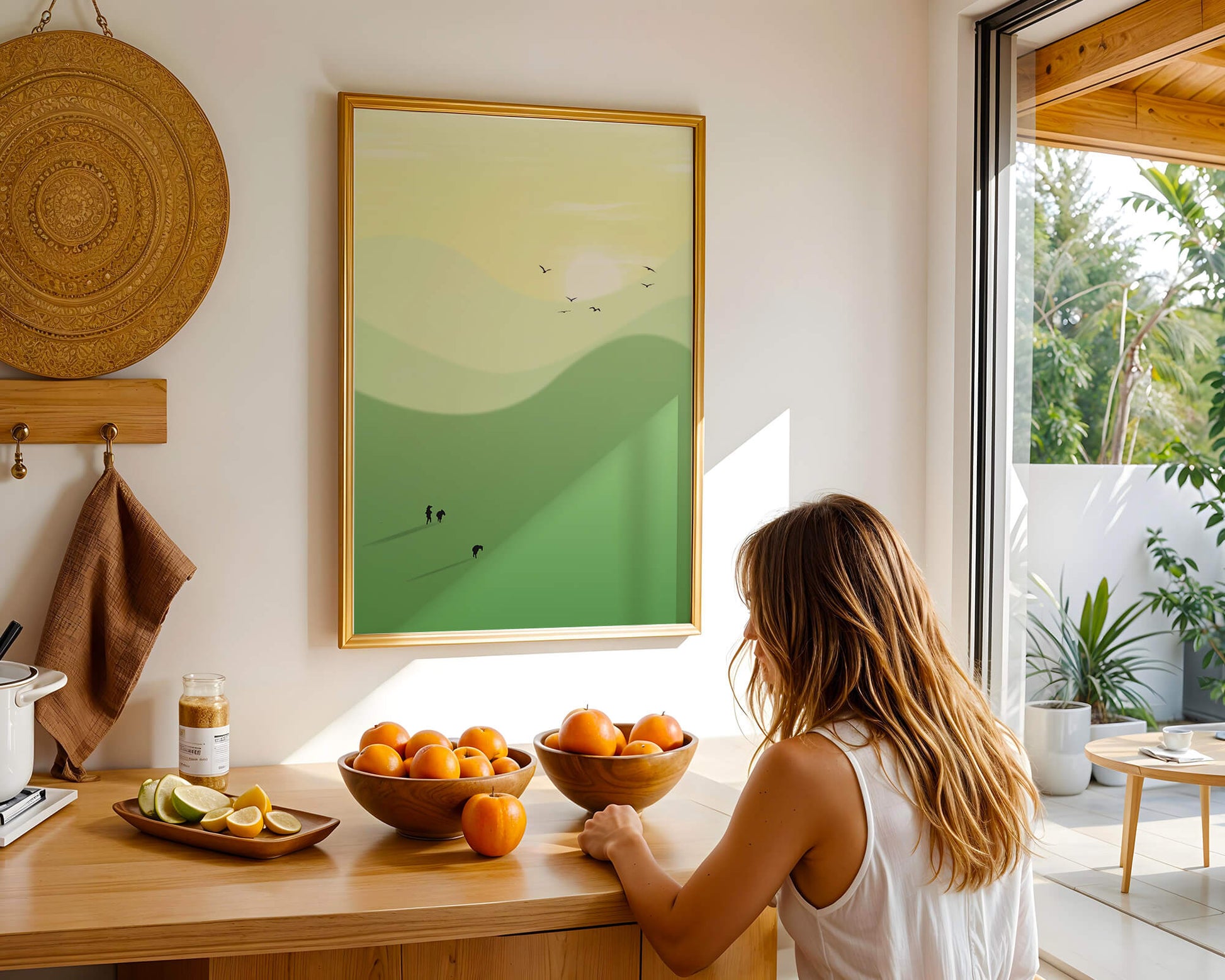 Paisaje minimalista con siluetas de personas y pájaros al atardecer