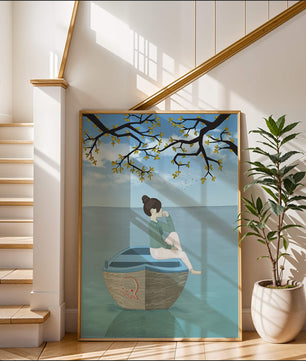 Chica relajándose en un bote bajo un árbol junto al agua