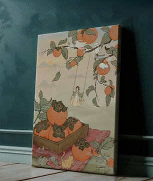 Paisaje caprichoso con naranjas y un niño columpiándose