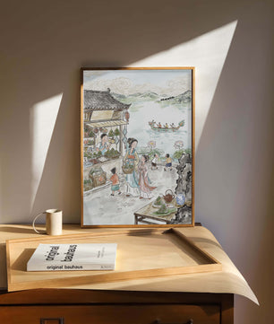 傳統的中國市場場景與河上龍舟