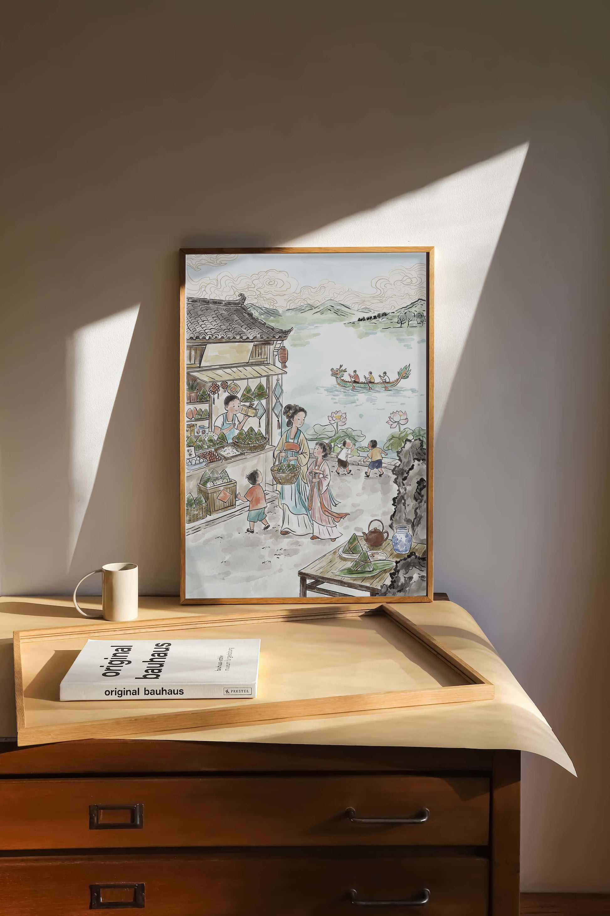 Traditional Chinese Market Scene with Dragon Boat on River