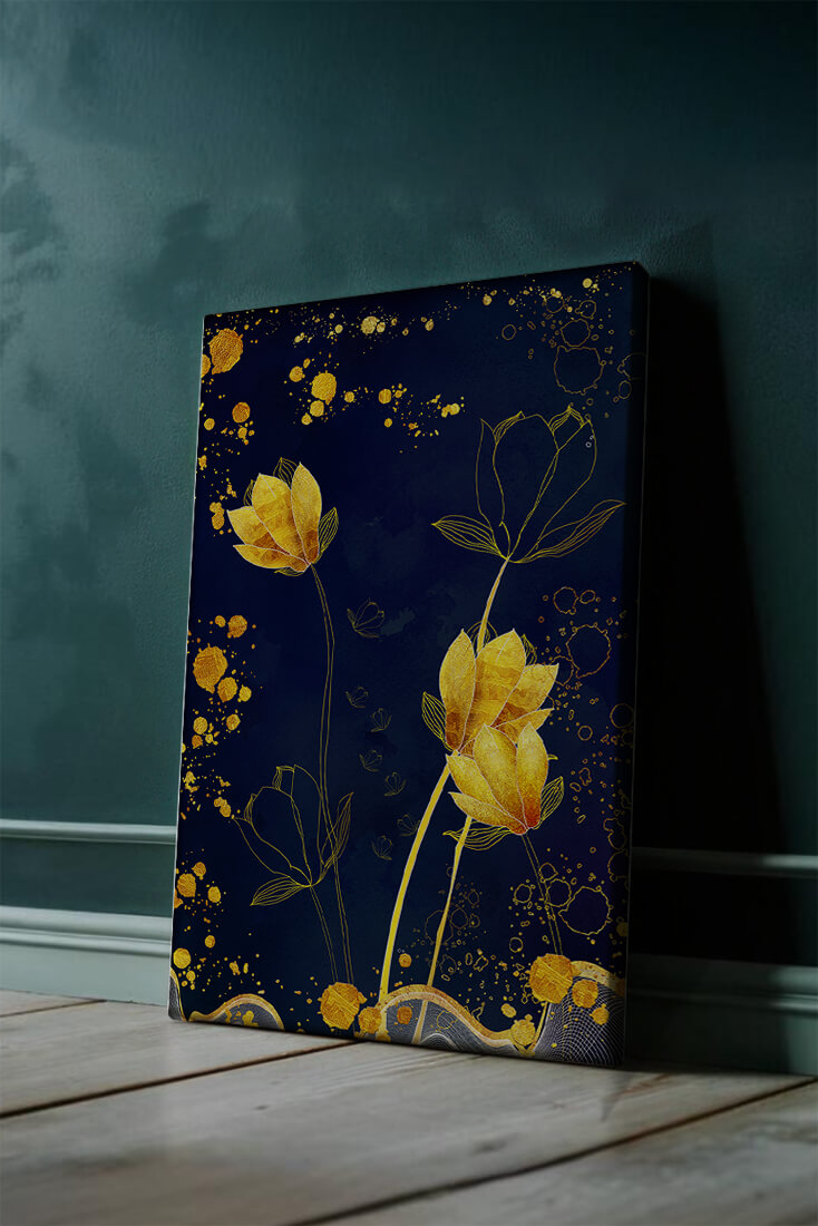 Elegant floral artwork with golden accents on deep blue background