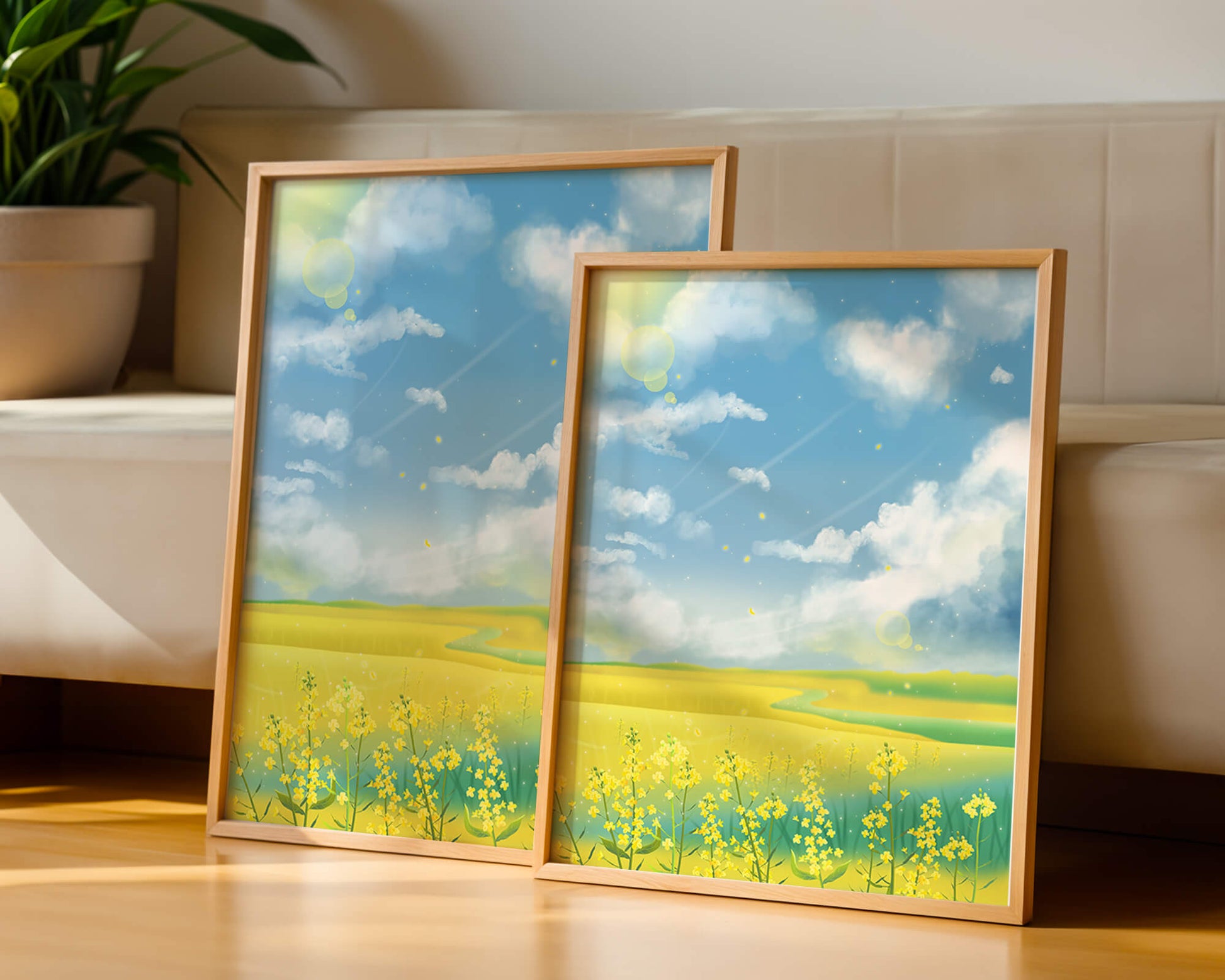 Sunny Meadow with Yellow Flowers and Blue Sky Scenic Art
