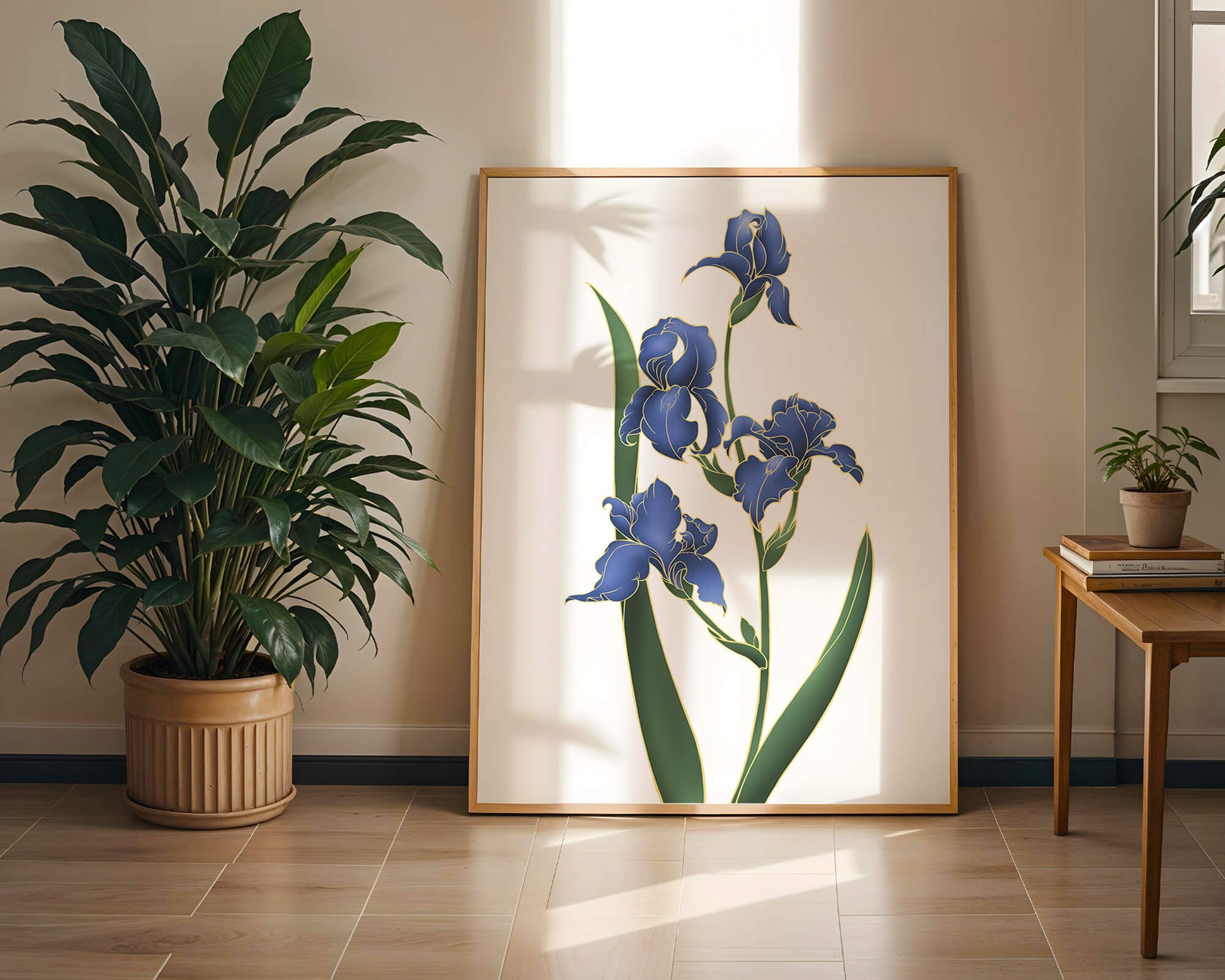 Flores de lirio azul elegantes con acentos dorados sobre un fondo blanco