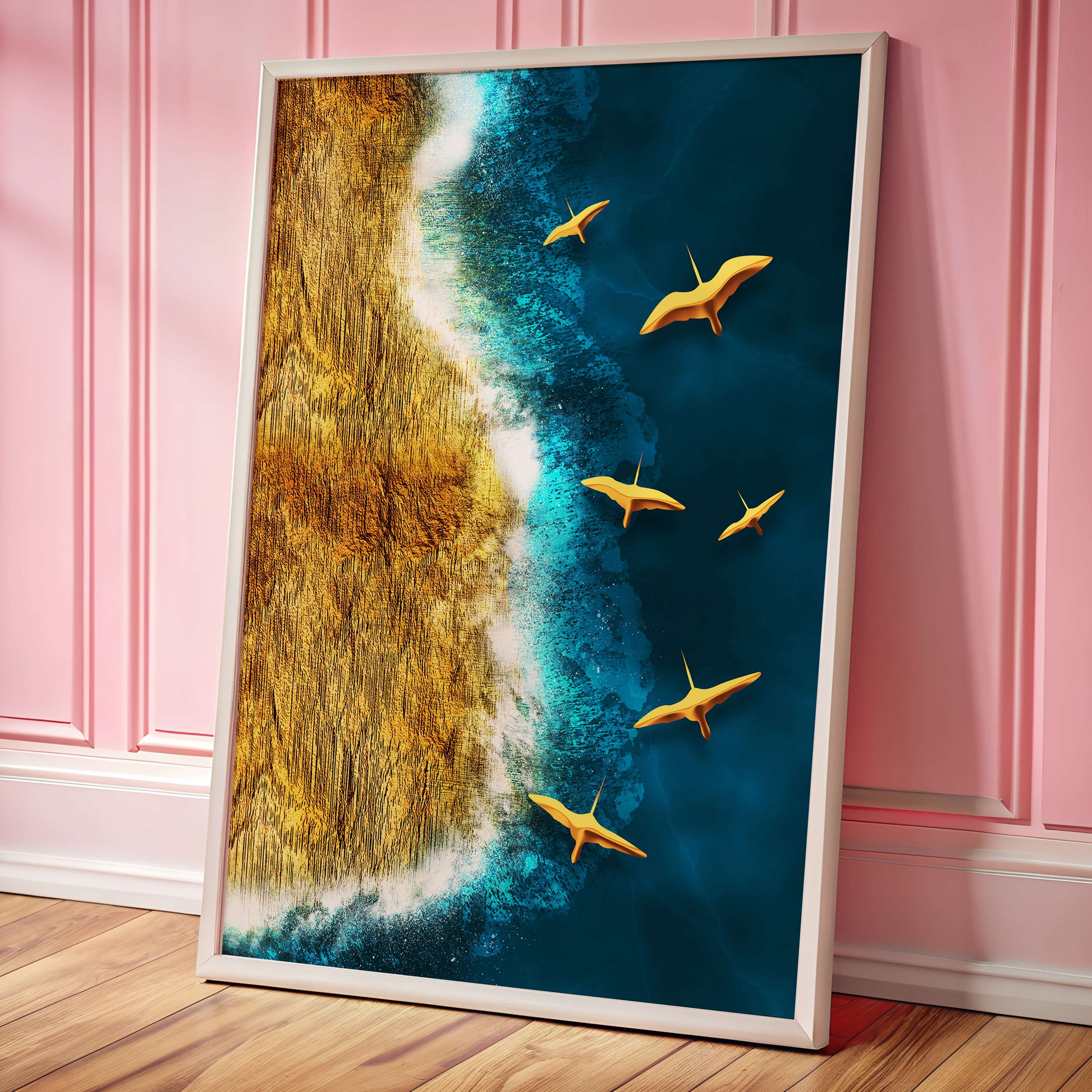 Golden beach landscape with vibrant ocean and flying seabirds