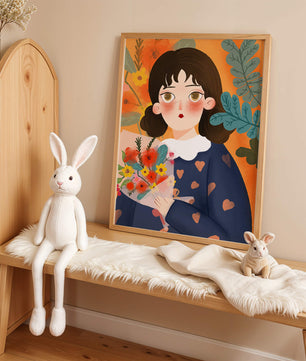 Ilustración colorida de una chica con flores rodeada de un fondo floral vibrante