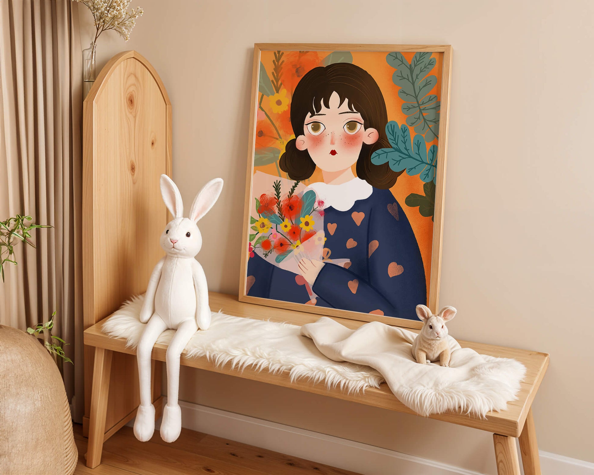 Ilustración colorida de una niña con flores rodeada de un fondo floral vibrante.